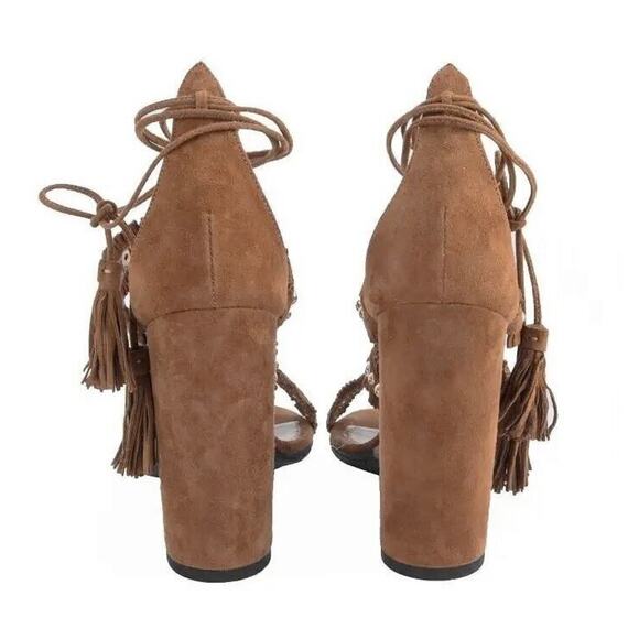 D0 Auth AQUAZZURA FIRENZE Tulum Fringed Cognac Suede Hi Heel Sandals Sz 39 $930 - Picture 5 of 8